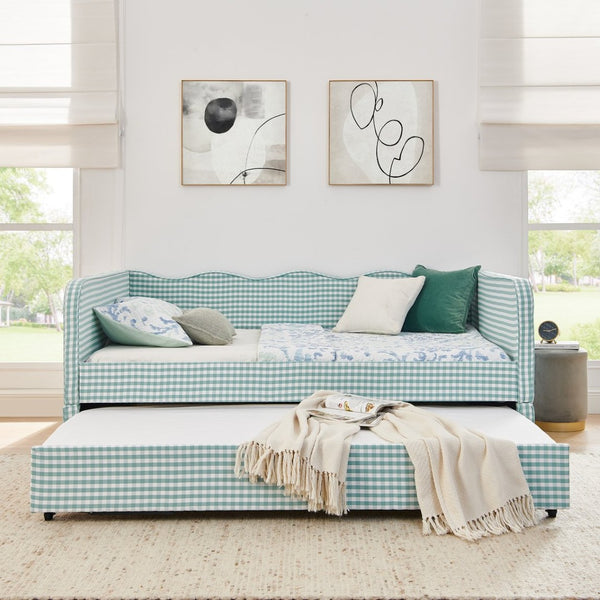 English Elm Full‑size Convertible Daybed Sofa with Pull-out Trundle Pockets and Polyester Upholstery Gingham Cyan W487S00544