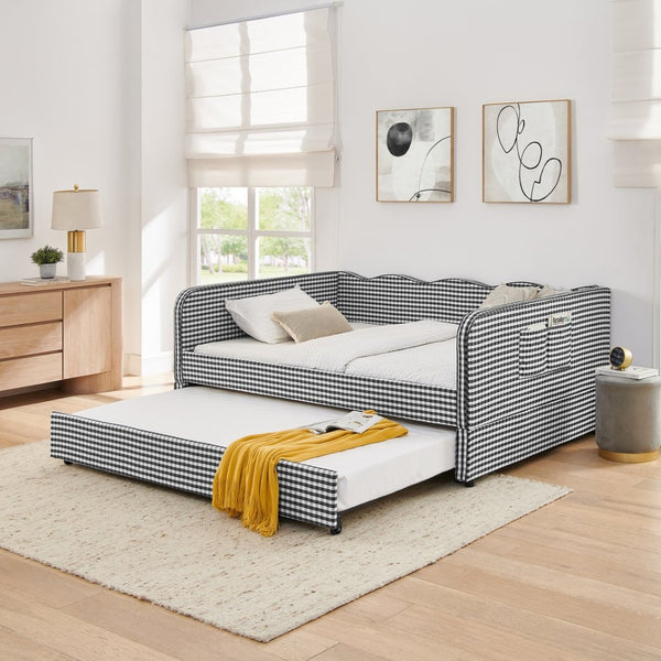 English Elm Full‑size Convertible Daybed Sofa with Pull-out Trundle Pockets and Polyester Upholstery Gingham Black W487S00545