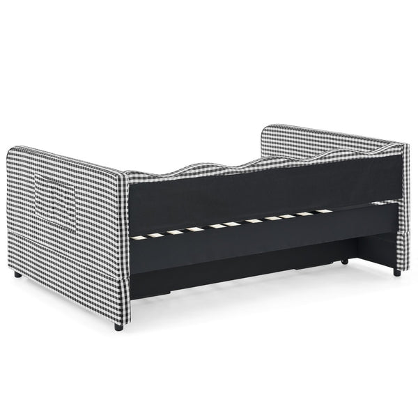 English Elm Full‑size Convertible Daybed Sofa with Pull-out Trundle Pockets and Polyester Upholstery Gingham Black W487S00545