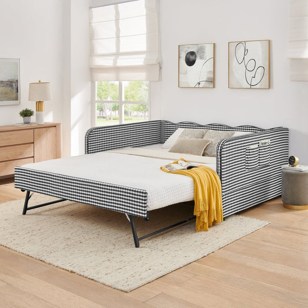 English Elm Full‑size Convertible Daybed Sofa with Pull-out Trundle Pockets and Polyester Upholstery Gingham Black W487S00545