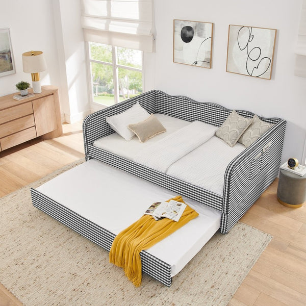 English Elm Full‑size Convertible Daybed Sofa with Pull-out Trundle Pockets and Polyester Upholstery Gingham Black W487S00545