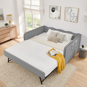 English Elm Full‑size Convertible Daybed Sofa with Pull-out Trundle Pockets and Polyester Upholstery Gingham Black W487S00545