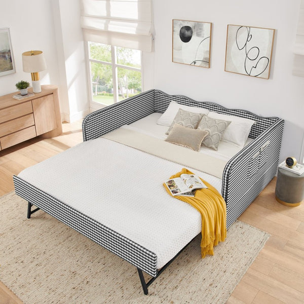 English Elm Full‑size Convertible Daybed Sofa with Pull-out Trundle Pockets and Polyester Upholstery Gingham Black W487S00545