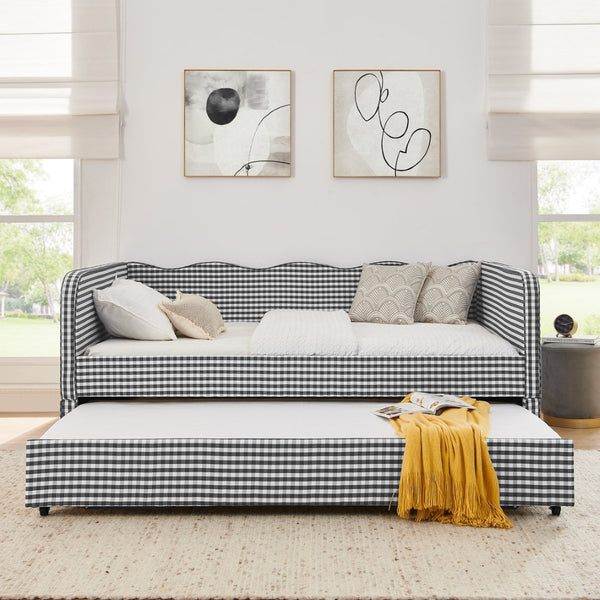 English Elm Full‑size Convertible Daybed Sofa with Pull-out Trundle Pockets and Polyester Upholstery Gingham Black W487S00545