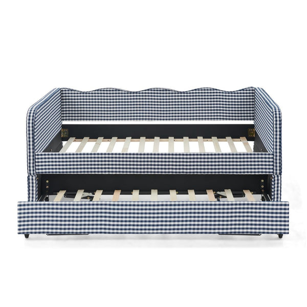 English Elm Full‑size Convertible Daybed Sofa with Pull-out Trundle Pockets and Polyester Upholstery Gingham Dark Blue W487S00546