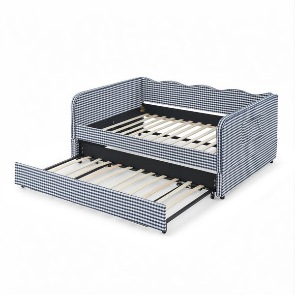 English Elm Full‑size Convertible Daybed Sofa with Pull-out Trundle Pockets and Polyester Upholstery Gingham Dark Blue W487S00546