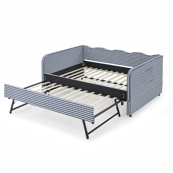 English Elm Full‑size Convertible Daybed Sofa with Pull-out Trundle Pockets and Polyester Upholstery Gingham Dark Blue W487S00546