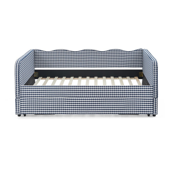 English Elm Full‑size Convertible Daybed Sofa with Pull-out Trundle Pockets and Polyester Upholstery Gingham Dark Blue W487S00546