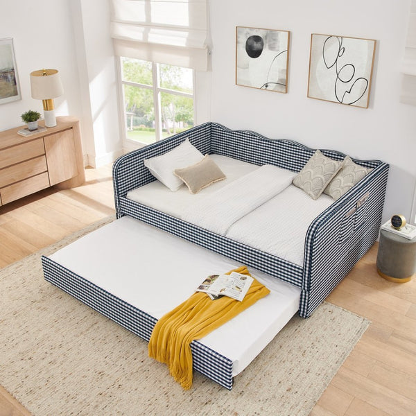 English Elm Full‑size Convertible Daybed Sofa with Pull-out Trundle Pockets and Polyester Upholstery Gingham Dark Blue W487S00546