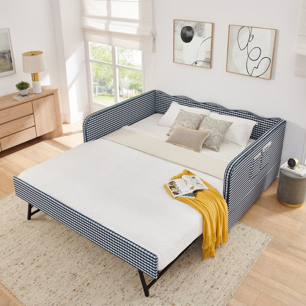 English Elm Full‑size Convertible Daybed Sofa with Pull-out Trundle Pockets and Polyester Upholstery Gingham Dark Blue W487S00546