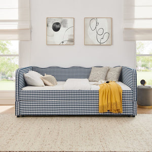 English Elm Full‑size Convertible Daybed Sofa with Pull-out Trundle Pockets and Polyester Upholstery Gingham Dark Blue W487S00546