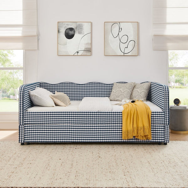 English Elm Full‑size Convertible Daybed Sofa with Pull-out Trundle Pockets and Polyester Upholstery Gingham Dark Blue W487S00546