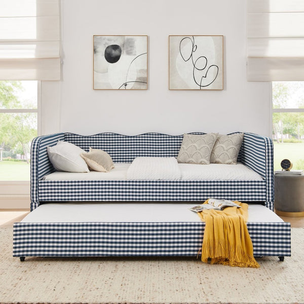 English Elm Full‑size Convertible Daybed Sofa with Pull-out Trundle Pockets and Polyester Upholstery Gingham Dark Blue W487S00546