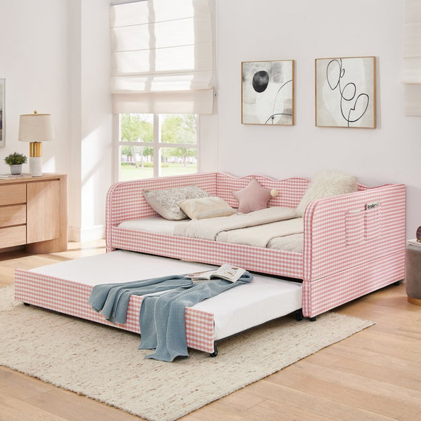 English Elm Full‑size Convertible Daybed Sofa with Pull-out Trundle Pockets and Polyester Upholstery Gingham Pink W487S00547