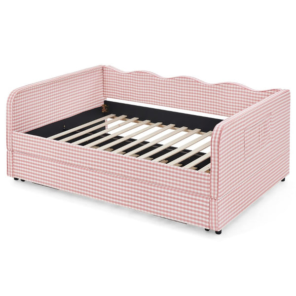 English Elm Full‑size Convertible Daybed Sofa with Pull-out Trundle Pockets and Polyester Upholstery Gingham Pink W487S00547