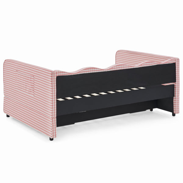 English Elm Full‑size Convertible Daybed Sofa with Pull-out Trundle Pockets and Polyester Upholstery Gingham Pink W487S00547