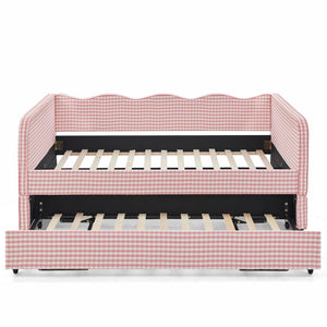 English Elm Full‑size Convertible Daybed Sofa with Pull-out Trundle Pockets and Polyester Upholstery Gingham Pink W487S00547