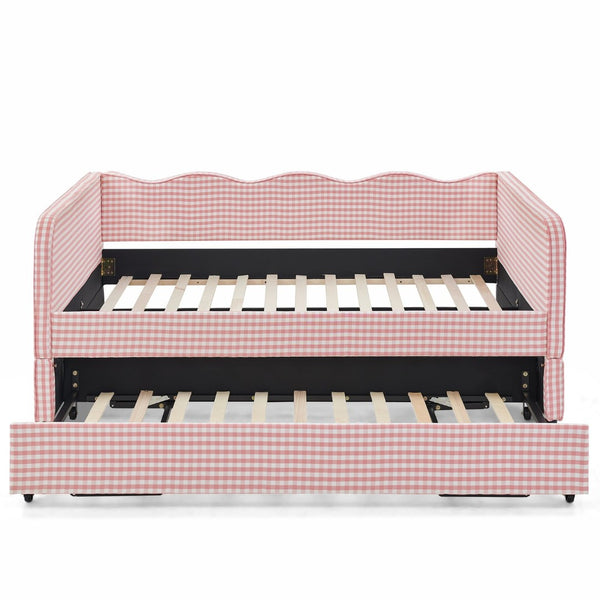 English Elm Full‑size Convertible Daybed Sofa with Pull-out Trundle Pockets and Polyester Upholstery Gingham Pink W487S00547
