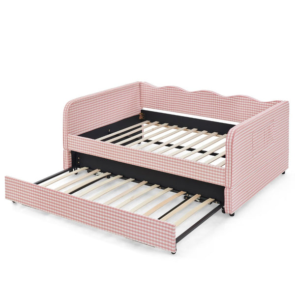 English Elm Full‑size Convertible Daybed Sofa with Pull-out Trundle Pockets and Polyester Upholstery Gingham Pink W487S00547