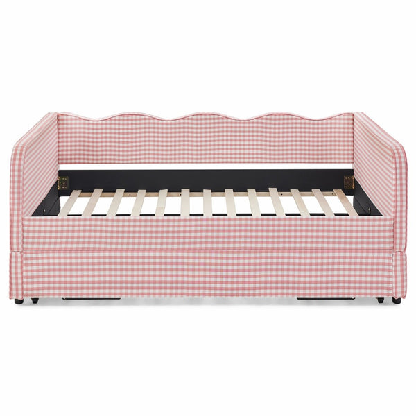 English Elm Full‑size Convertible Daybed Sofa with Pull-out Trundle Pockets and Polyester Upholstery Gingham Pink W487S00547