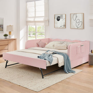 English Elm Full‑size Convertible Daybed Sofa with Pull-out Trundle Pockets and Polyester Upholstery Gingham Pink W487S00547