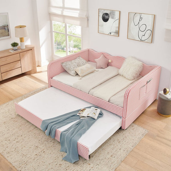 English Elm Full‑size Convertible Daybed Sofa with Pull-out Trundle Pockets and Polyester Upholstery Gingham Pink W487S00547