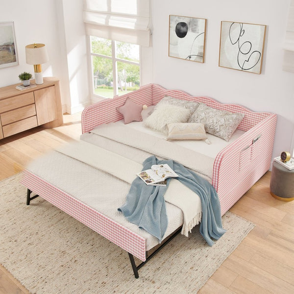English Elm Full‑size Convertible Daybed Sofa with Pull-out Trundle Pockets and Polyester Upholstery Gingham Pink W487S00547