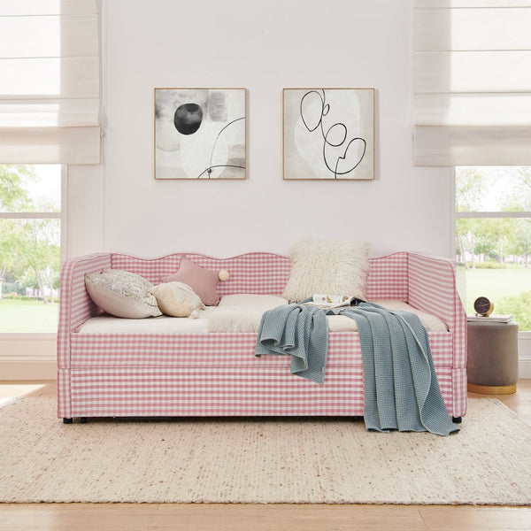 English Elm Full‑size Convertible Daybed Sofa with Pull-out Trundle Pockets and Polyester Upholstery Gingham Pink W487S00547