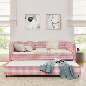 English Elm Full‑size Convertible Daybed Sofa with Pull-out Trundle Pockets and Polyester Upholstery Gingham Pink W487S00547