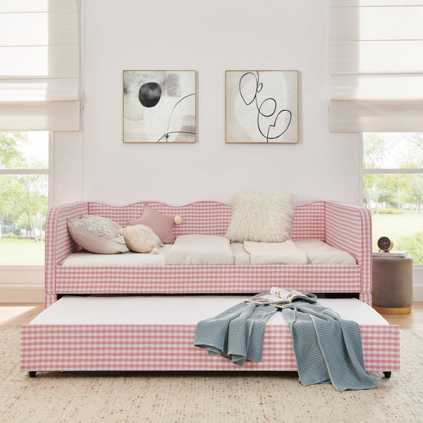 English Elm Full‑size Convertible Daybed Sofa with Pull-out Trundle Pockets and Polyester Upholstery Gingham Pink W487S00547