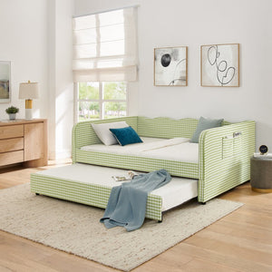 English Elm Full‑size Convertible Daybed Sofa with Pull-out Trundle Pockets and Polyester Upholstery Gingham Green W487S00550