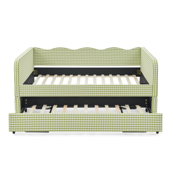 English Elm Full‑size Convertible Daybed Sofa with Pull-out Trundle Pockets and Polyester Upholstery Gingham Green W487S00550