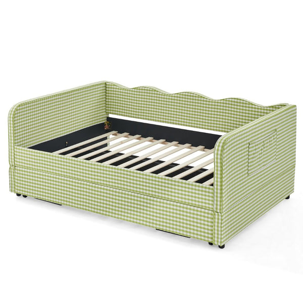 English Elm Full‑size Convertible Daybed Sofa with Pull-out Trundle Pockets and Polyester Upholstery Gingham Green W487S00550