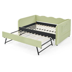 English Elm Full‑size Convertible Daybed Sofa with Pull-out Trundle Pockets and Polyester Upholstery Gingham Green W487S00550