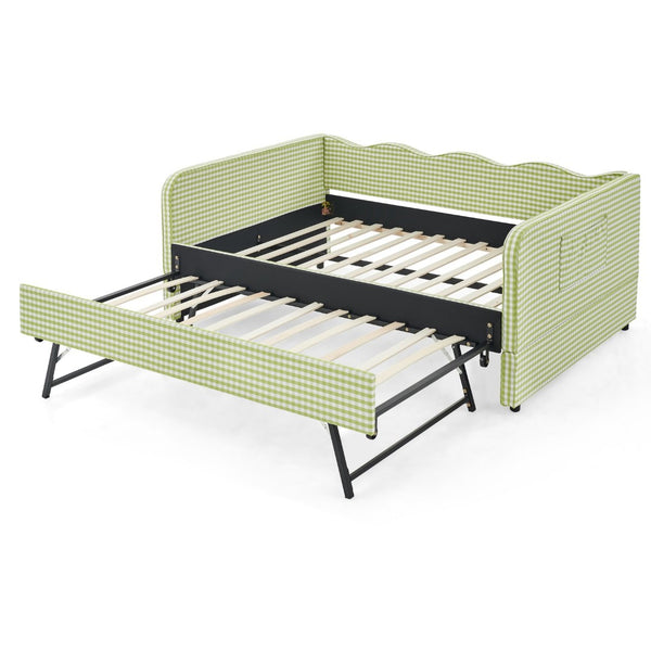 English Elm Full‑size Convertible Daybed Sofa with Pull-out Trundle Pockets and Polyester Upholstery Gingham Green W487S00550