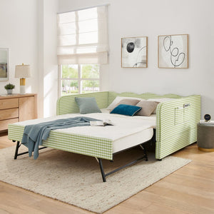 English Elm Full‑size Convertible Daybed Sofa with Pull-out Trundle Pockets and Polyester Upholstery Gingham Green W487S00550