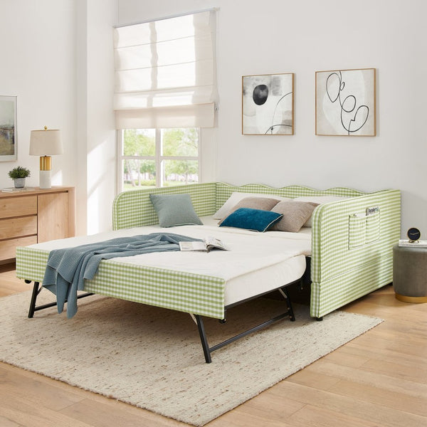 English Elm Full‑size Convertible Daybed Sofa with Pull-out Trundle Pockets and Polyester Upholstery Gingham Green W487S00550
