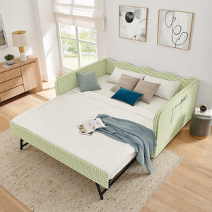 English Elm Full‑size Convertible Daybed Sofa with Pull-out Trundle Pockets and Polyester Upholstery Gingham Green W487S00550