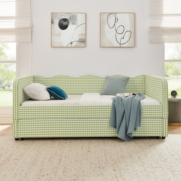 English Elm Full‑size Convertible Daybed Sofa with Pull-out Trundle Pockets and Polyester Upholstery Gingham Green W487S00550