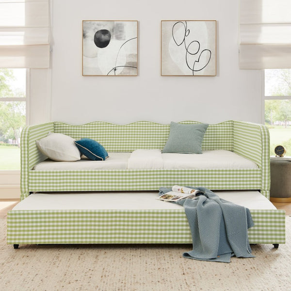 English Elm Full‑size Convertible Daybed Sofa with Pull-out Trundle Pockets and Polyester Upholstery Gingham Green W487S00550