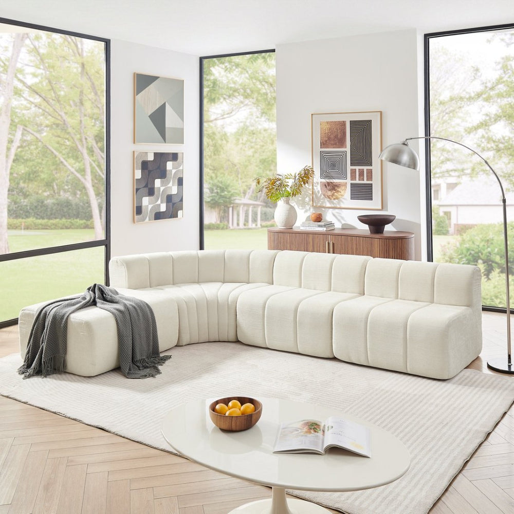 English Elm Modern Chenille Curved Modular Sectional with Channel Stitching and Movable Ottoman Beige W487S00556