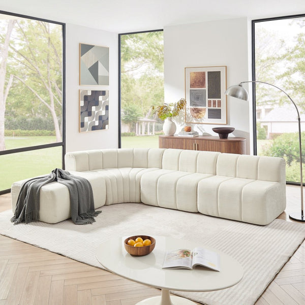 English Elm Modern Chenille Curved Modular Sectional with Channel Stitching and Movable Ottoman Beige W487S00556