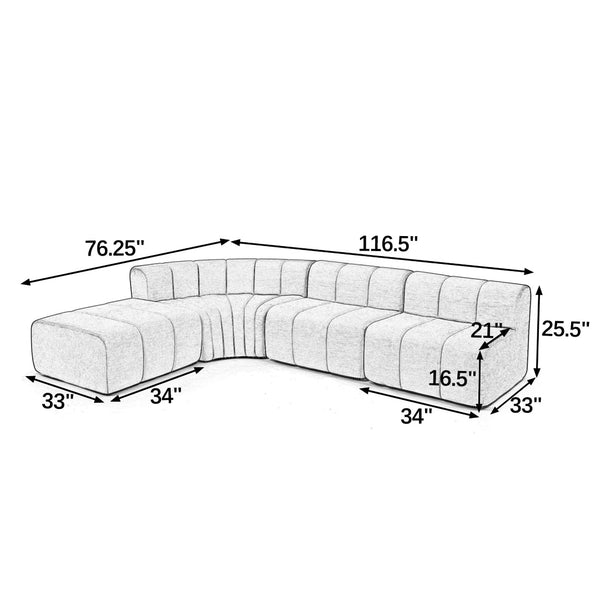 English Elm Modern Chenille Curved Modular Sectional with Channel Stitching and Movable Ottoman Beige W487S00556