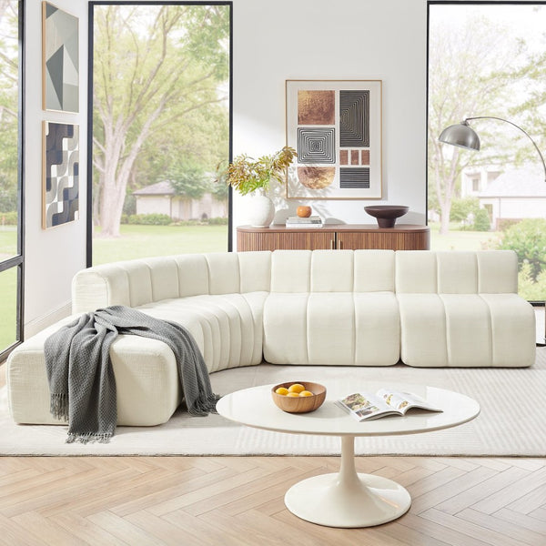 English Elm Modern Chenille Curved Modular Sectional with Channel Stitching and Movable Ottoman Beige W487S00556
