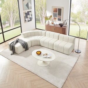 English Elm Modern Chenille Curved Modular Sectional with Channel Stitching and Movable Ottoman Beige W487S00556