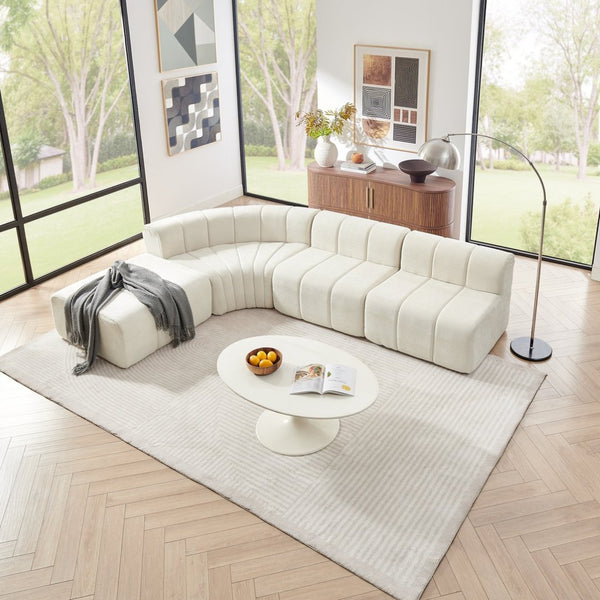 English Elm Modern Chenille Curved Modular Sectional with Channel Stitching and Movable Ottoman Beige W487S00556