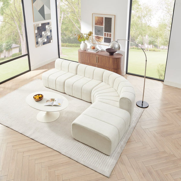 English Elm Modern Chenille Curved Modular Sectional with Channel Stitching and Movable Ottoman Beige W487S00556