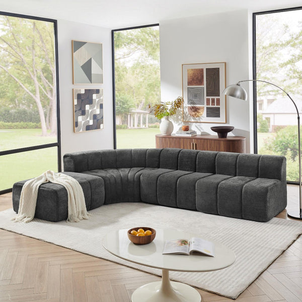 English Elm Modern Chenille Curved Modular Sectional with Channel Stitching and Movable Ottoman Black W487S00557