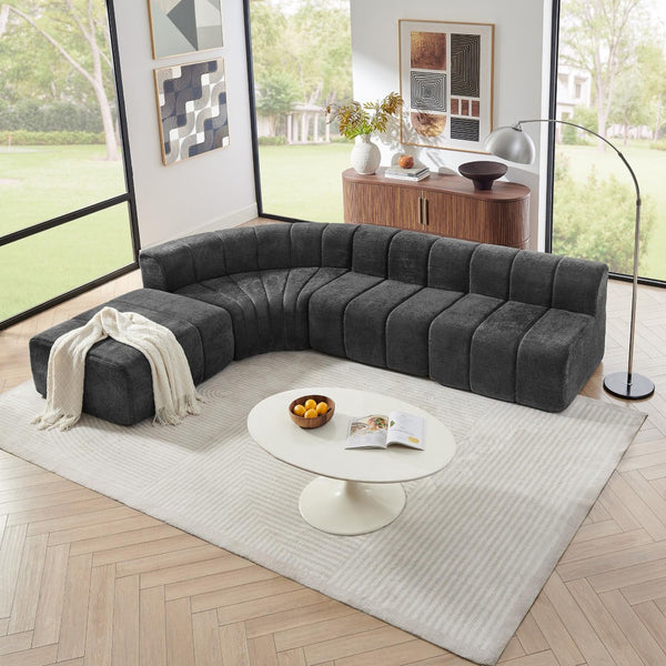 English Elm Modern Chenille Curved Modular Sectional with Channel Stitching and Movable Ottoman Black W487S00557