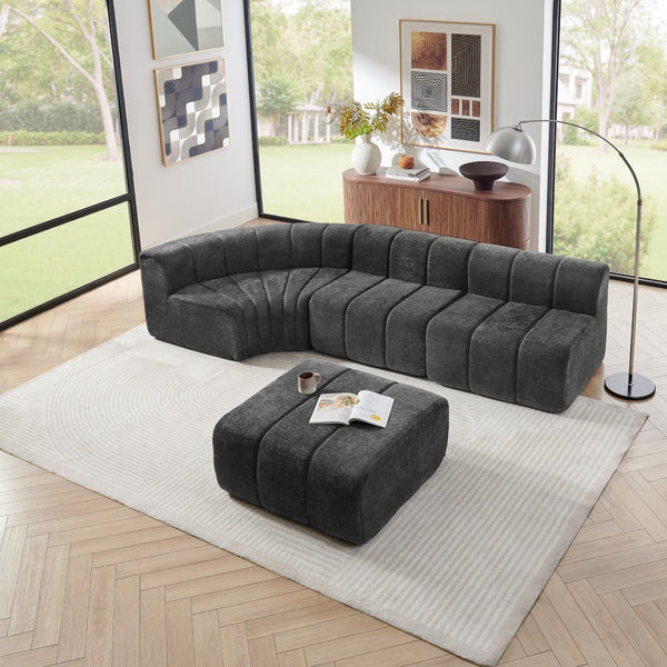English Elm Modern Chenille Curved Modular Sectional with Channel Stitching and Movable Ottoman Black W487S00557